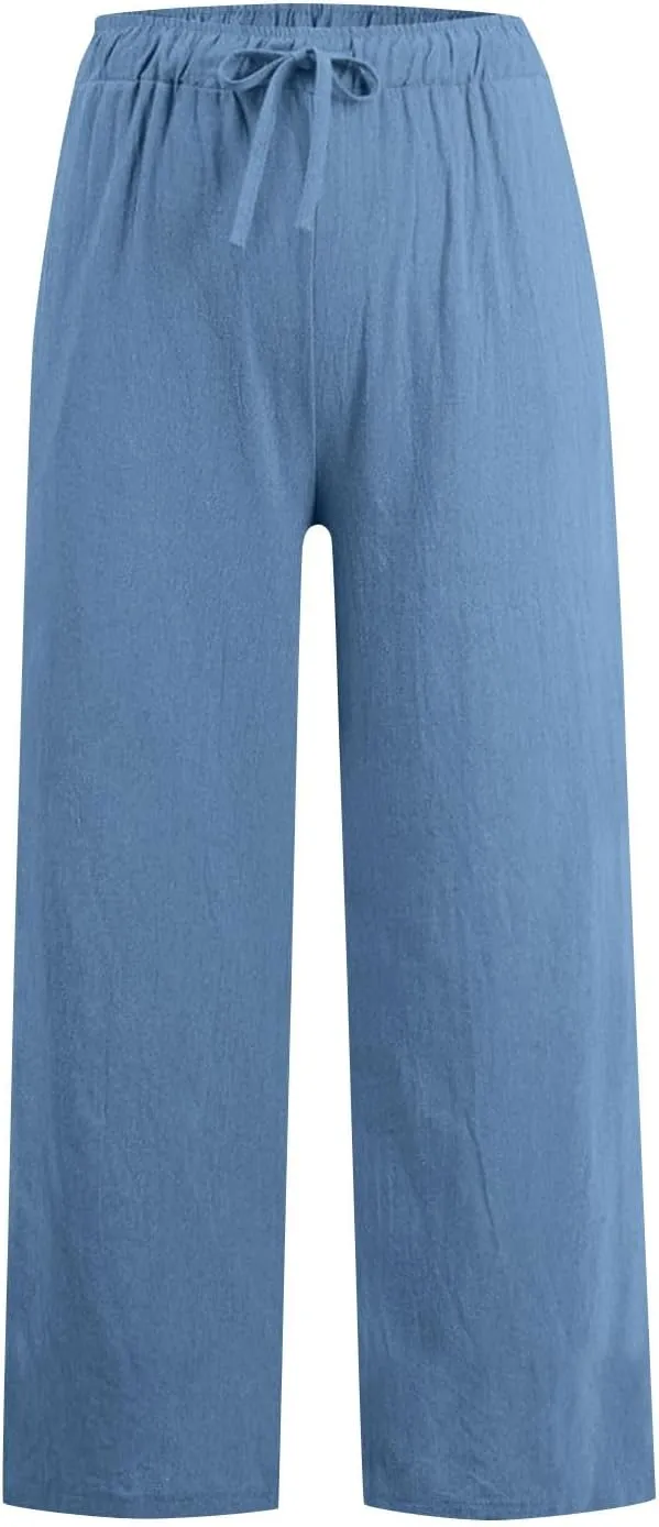 Linen Pants Women High Waisted Drawstring Palazzo Pant 2025 Summer Flowy Cotton Linen Beach Slack Trousers with Pocket