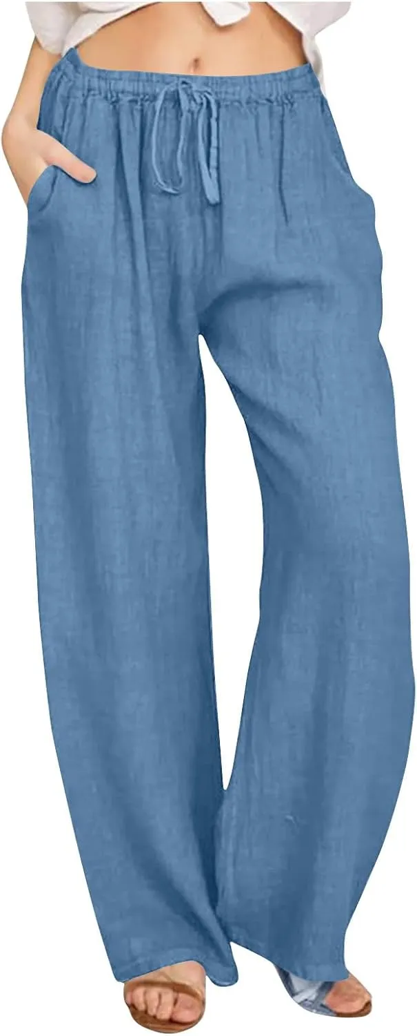 Linen Pants Women High Waisted Drawstring Palazzo Pant 2025 Summer Flowy Cotton Linen Beach Slack Trousers with Pocket