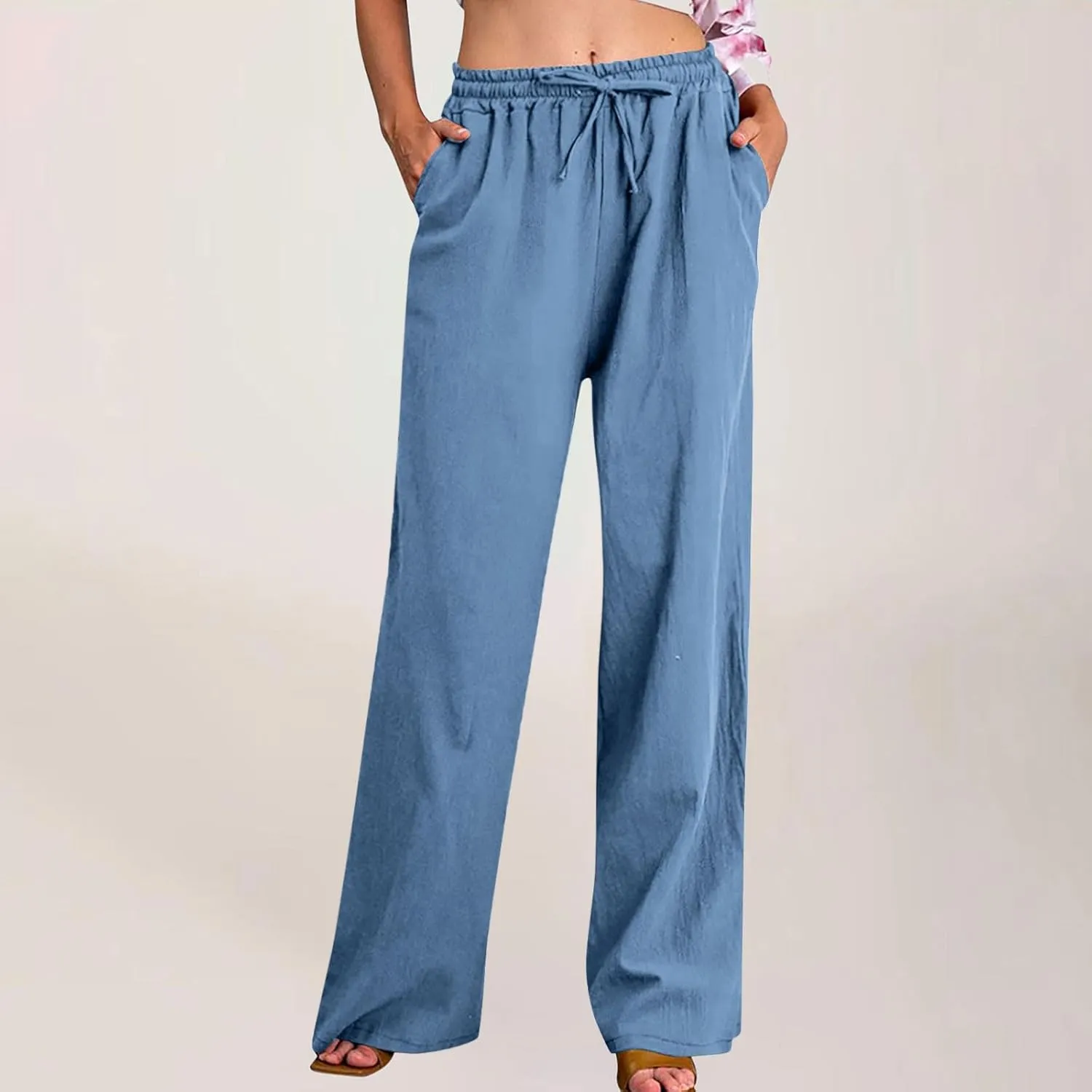 Linen Pants Women High Waisted Drawstring Palazzo Pant 2025 Summer Flowy Cotton Linen Beach Slack Trousers with Pocket