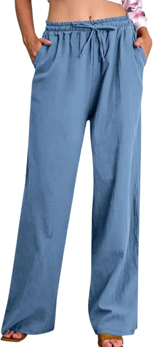 Linen Pants Women High Waisted Drawstring Palazzo Pant 2025 Summer Flowy Cotton Linen Beach Slack Trousers with Pocket