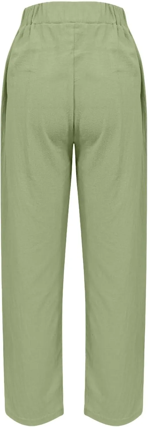 Linen Pants Women Summer High Elastic Waist Drawstring Palazzo Pants Straight Leg Slacks Cropped Trousers with Pockets