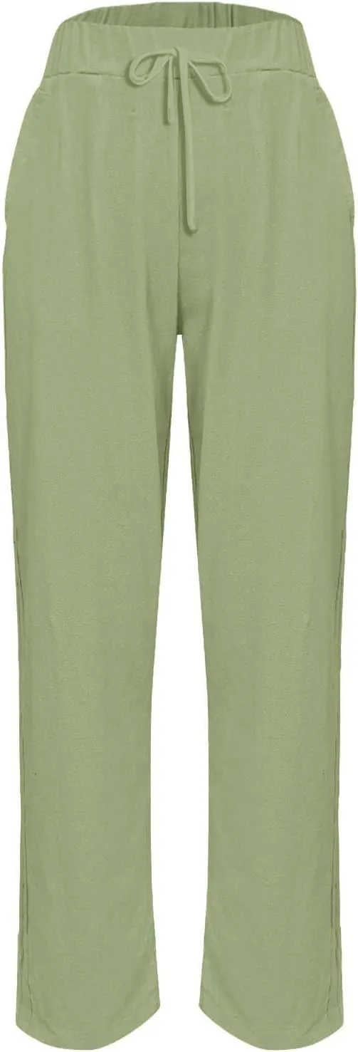 Linen Pants Women Summer High Elastic Waist Drawstring Palazzo Pants Straight Leg Slacks Cropped Trousers with Pockets