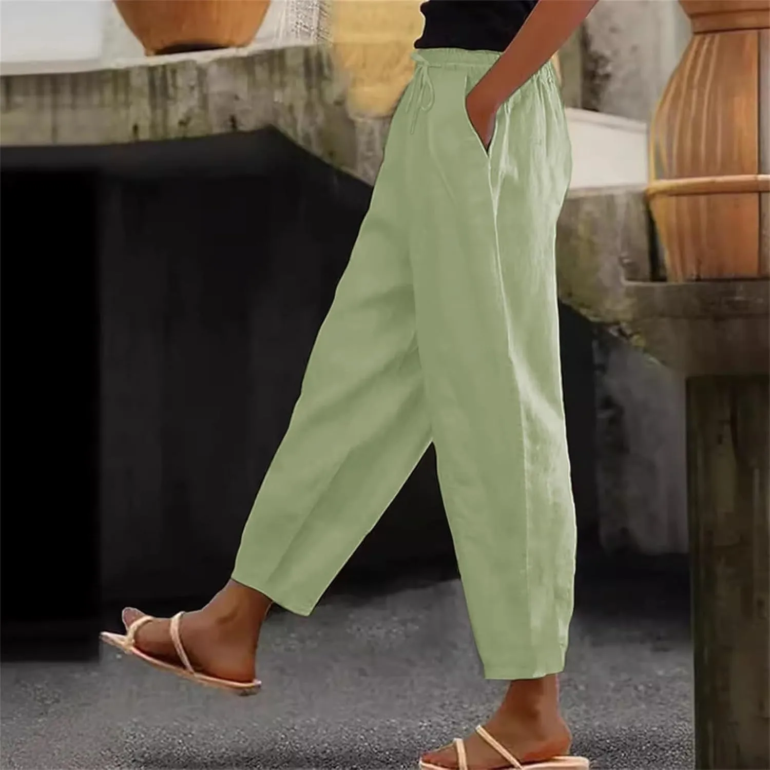 Linen Pants Women Summer High Elastic Waist Drawstring Palazzo Pants Straight Leg Slacks Cropped Trousers with Pockets