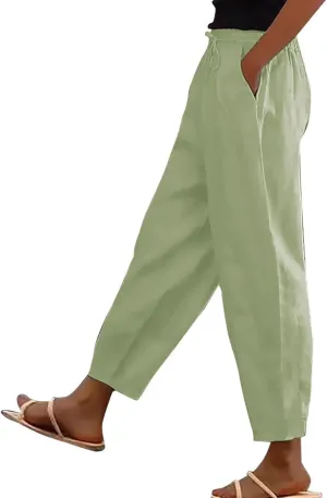 Linen Pants Women Summer High Elastic Waist Drawstring Palazzo Pants Straight Leg Slacks Cropped Trousers with Pockets