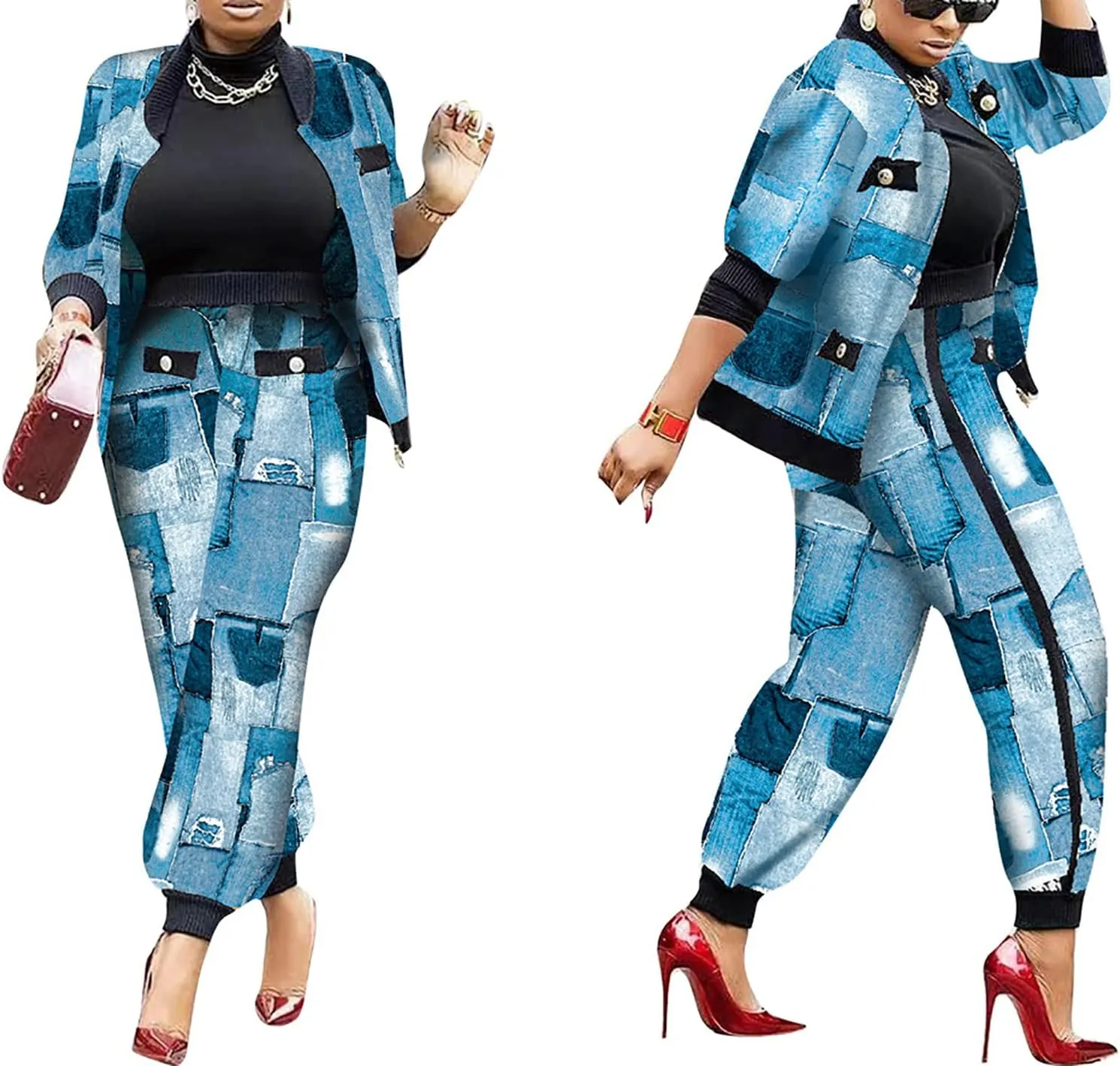 LKOUS 2 Piece Work Suits for Women's Houndstooth Print Buttons Open Front Long Sleeve Coat   Long Pants Casual Clothes
