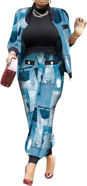 LKOUS 2 Piece Work Suits for Women's Houndstooth Print Buttons Open Front Long Sleeve Coat   Long Pants Casual Clothes