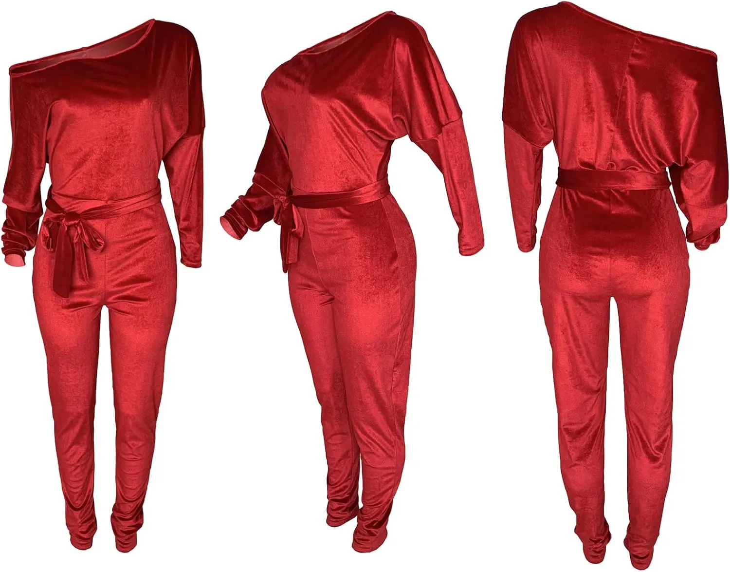 LKOUS Women Velvet Off Shoulder Jumpsuit Long Sleeve Bodycon Pants Suit One Piece Romper Party Clubwear with Belt