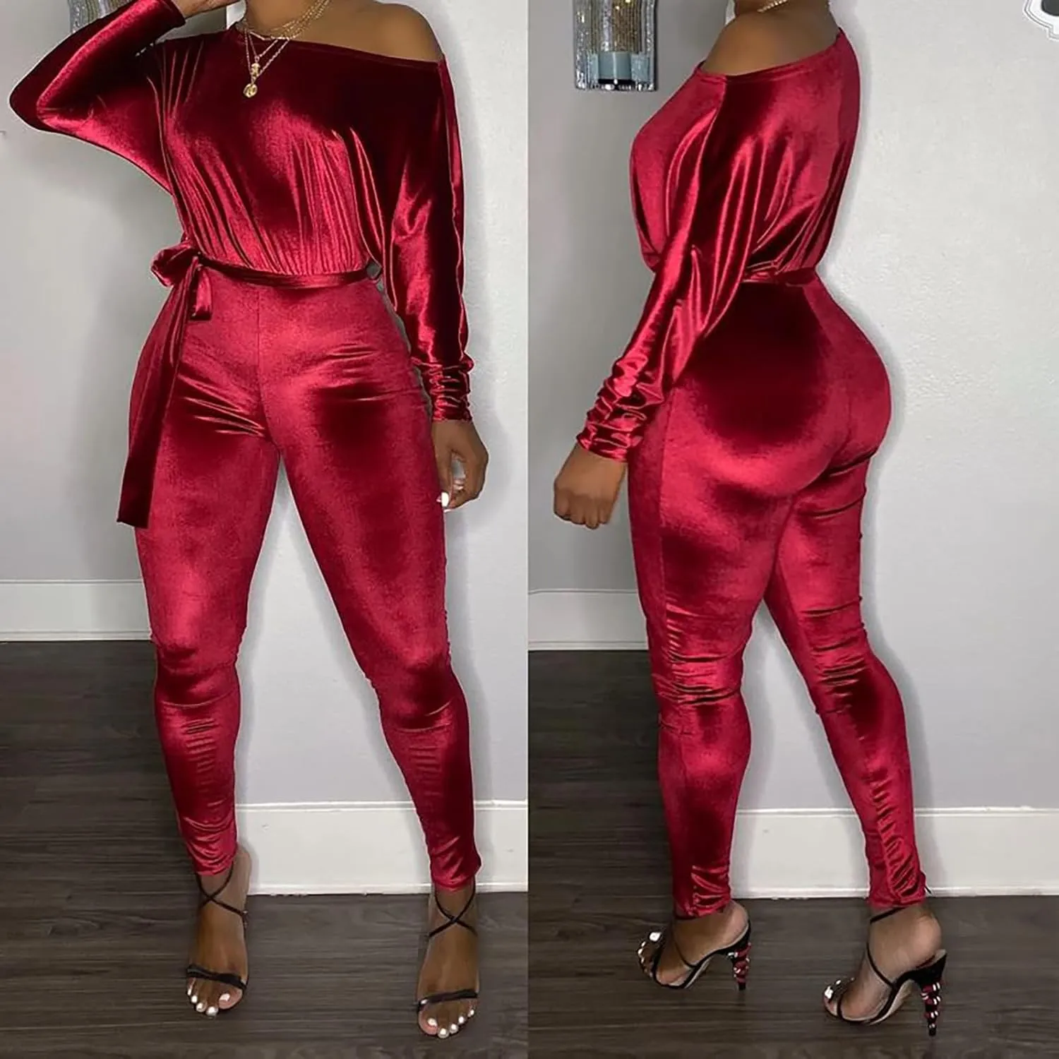 LKOUS Women Velvet Off Shoulder Jumpsuit Long Sleeve Bodycon Pants Suit One Piece Romper Party Clubwear with Belt
