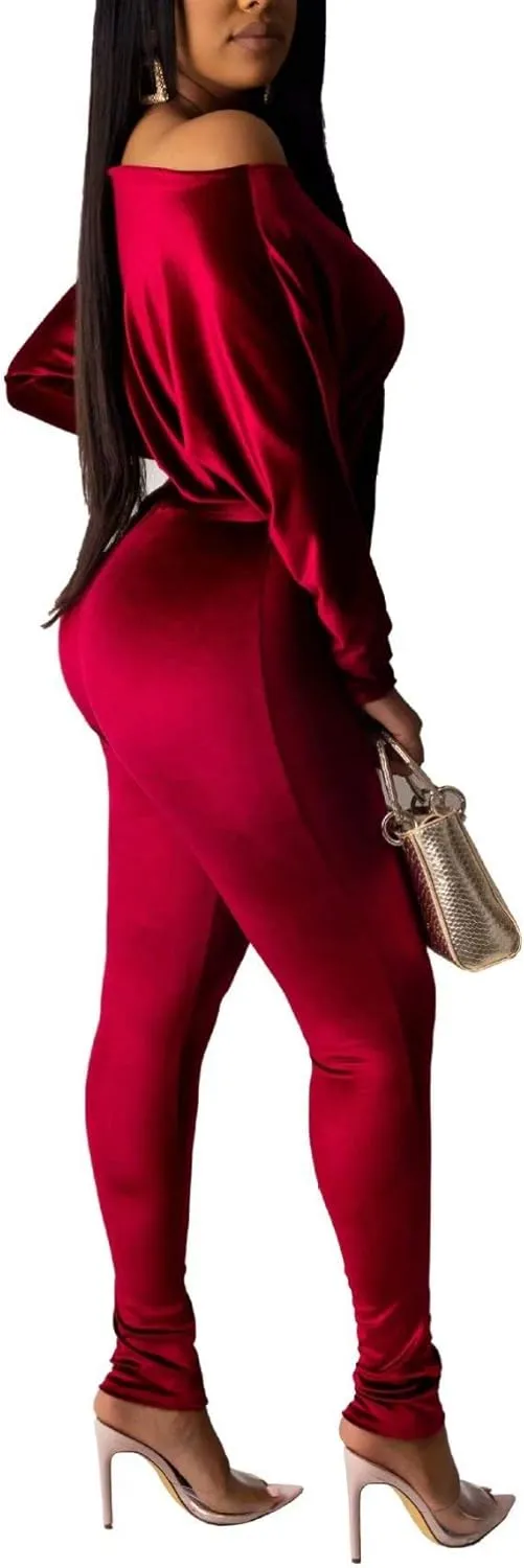 LKOUS Women Velvet Off Shoulder Jumpsuit Long Sleeve Bodycon Pants Suit One Piece Romper Party Clubwear with Belt
