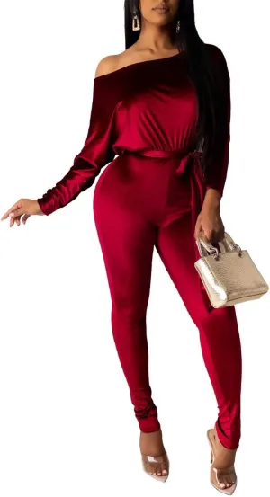 LKOUS Women Velvet Off Shoulder Jumpsuit Long Sleeve Bodycon Pants Suit One Piece Romper Party Clubwear with Belt