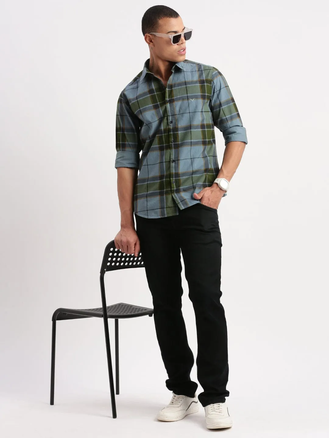 Men Blue Standard Slim Fit Tartan Checked Spread Collar Cotton Shirt