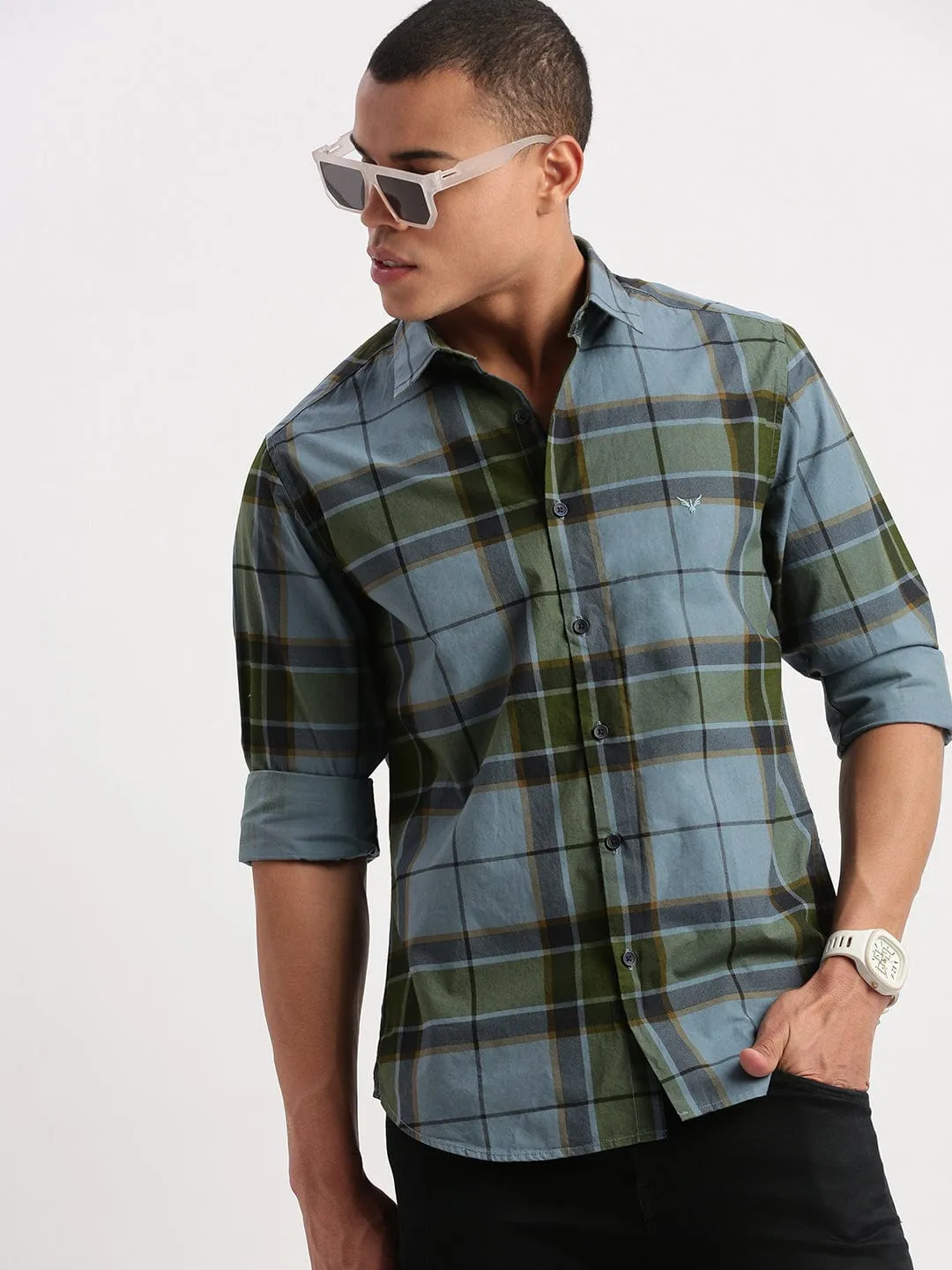 Men Blue Standard Slim Fit Tartan Checked Spread Collar Cotton Shirt