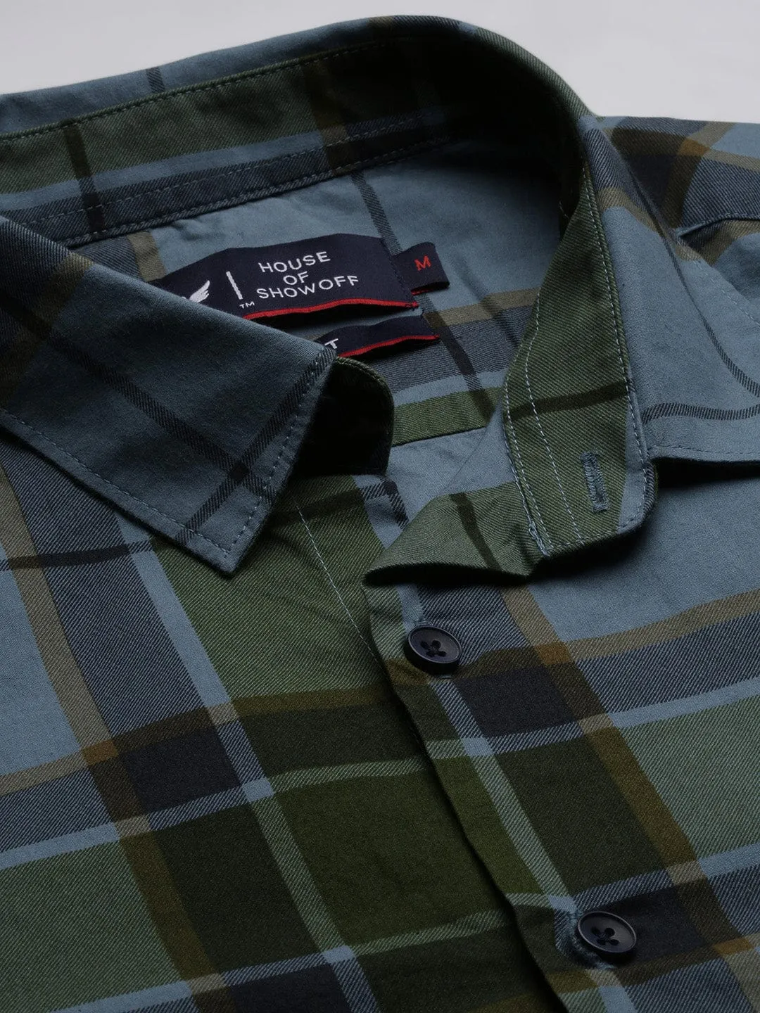 Men Blue Standard Slim Fit Tartan Checked Spread Collar Cotton Shirt