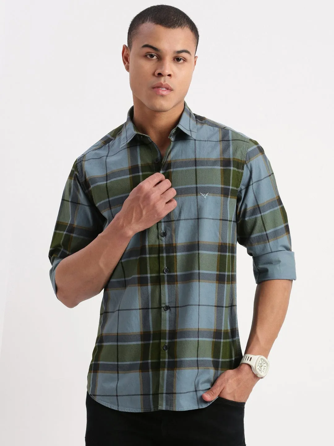 Men Blue Standard Slim Fit Tartan Checked Spread Collar Cotton Shirt