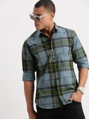 Men Blue Standard Slim Fit Tartan Checked Spread Collar Cotton Shirt