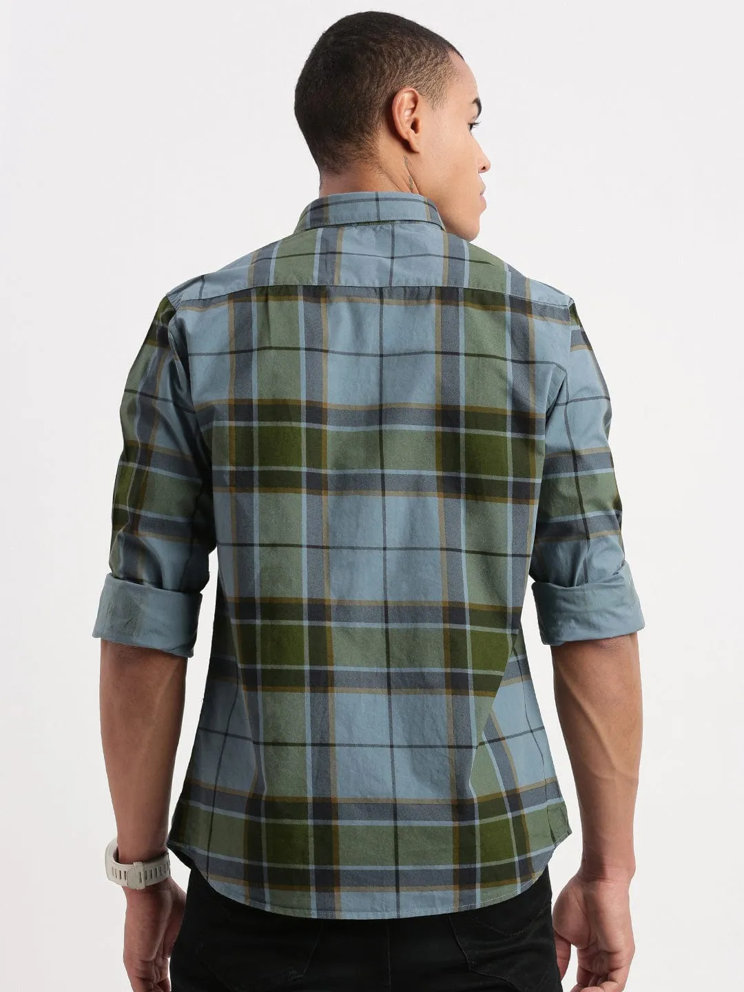 Men Blue Standard Slim Fit Tartan Checked Spread Collar Cotton Shirt