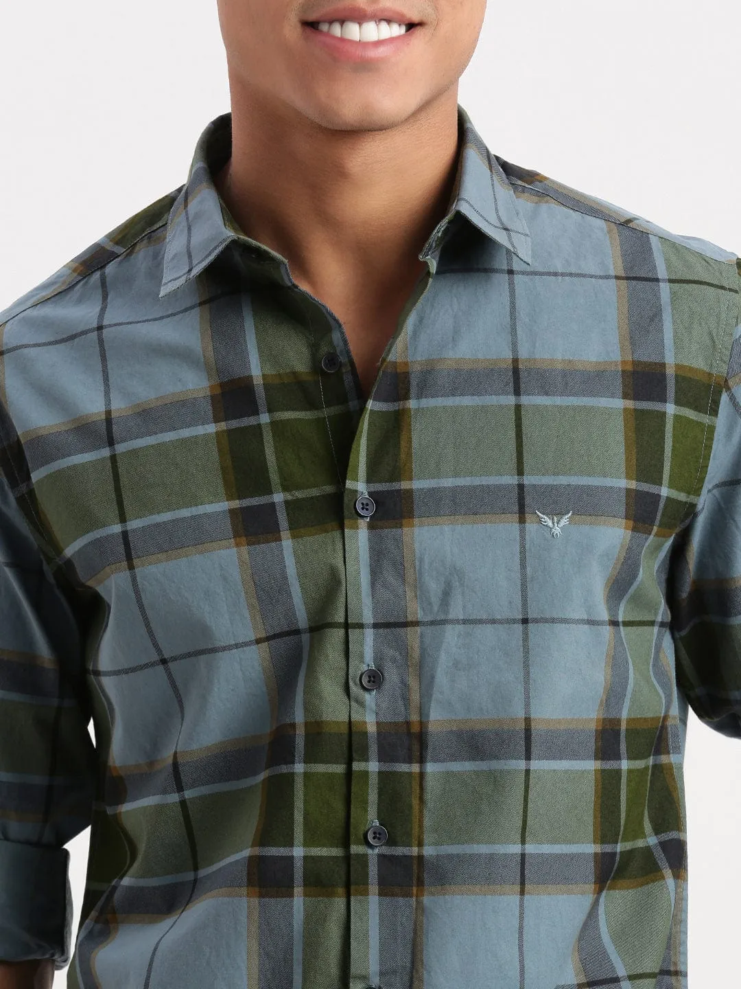 Men Blue Standard Slim Fit Tartan Checked Spread Collar Cotton Shirt