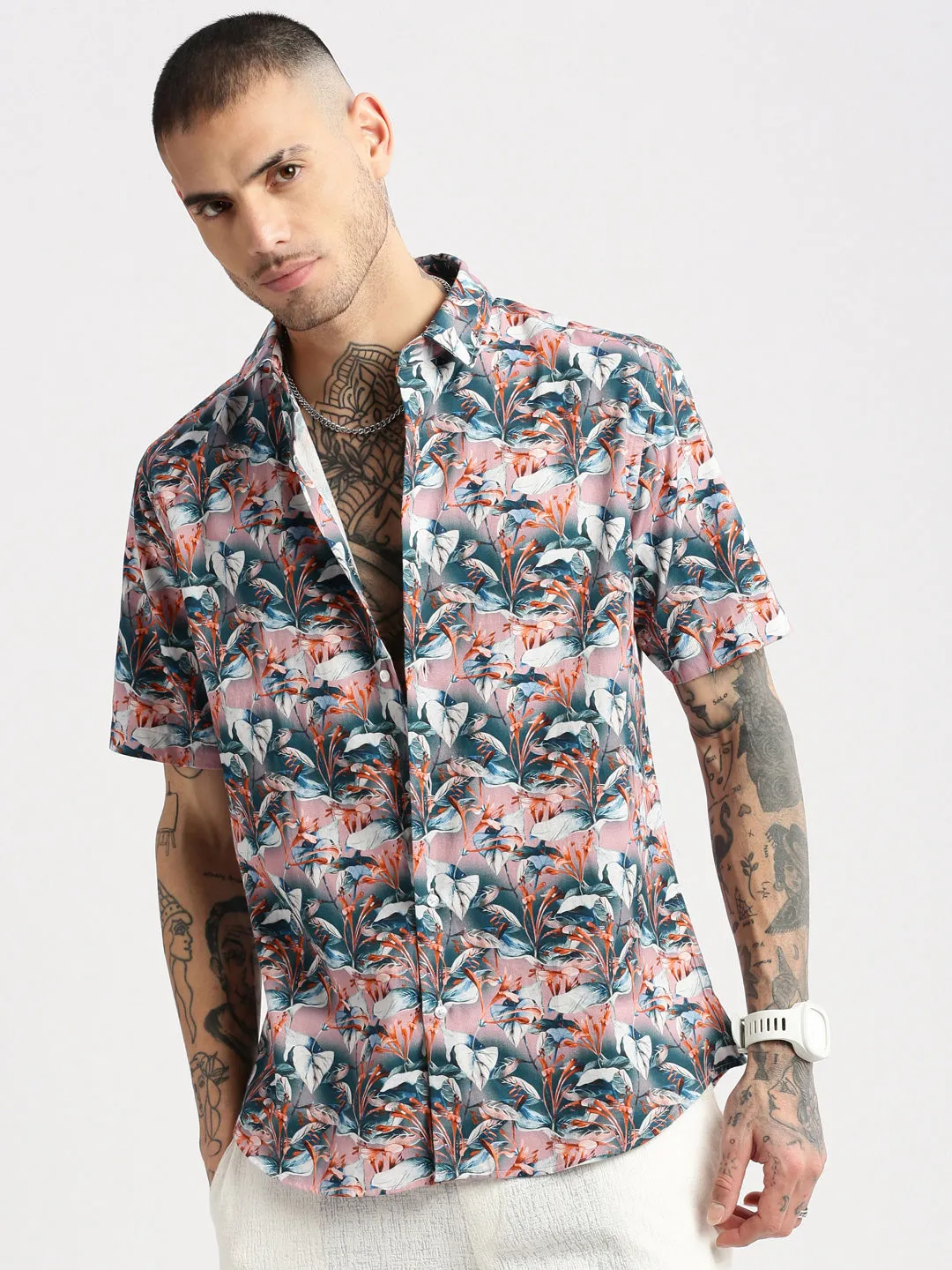 Men Teal Smart Slim Fit Floral Printed Twill Weave Cotton Casual Shirt