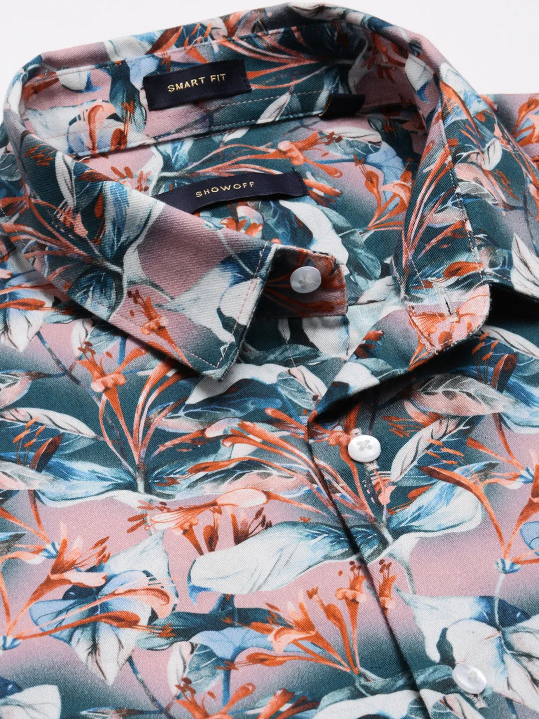 Men Teal Smart Slim Fit Floral Printed Twill Weave Cotton Casual Shirt