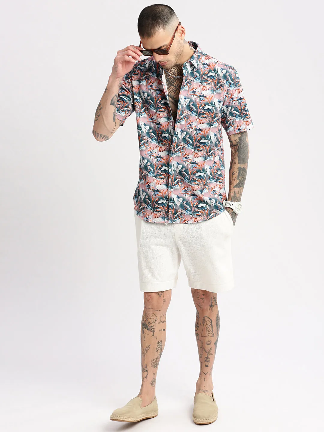 Men Teal Smart Slim Fit Floral Printed Twill Weave Cotton Casual Shirt
