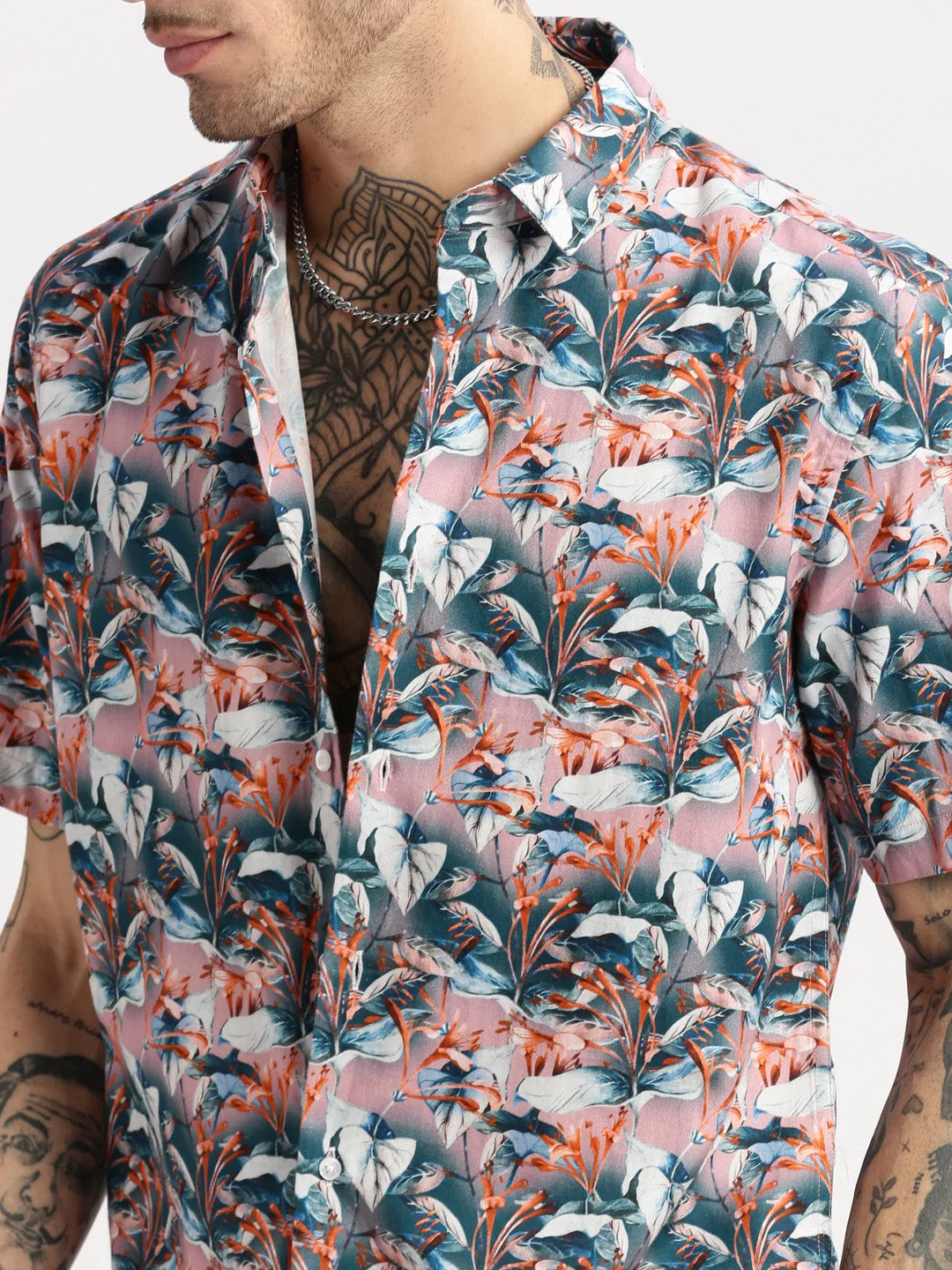 Men Teal Smart Slim Fit Floral Printed Twill Weave Cotton Casual Shirt