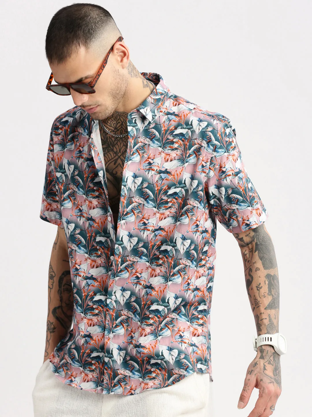 Men Teal Smart Slim Fit Floral Printed Twill Weave Cotton Casual Shirt