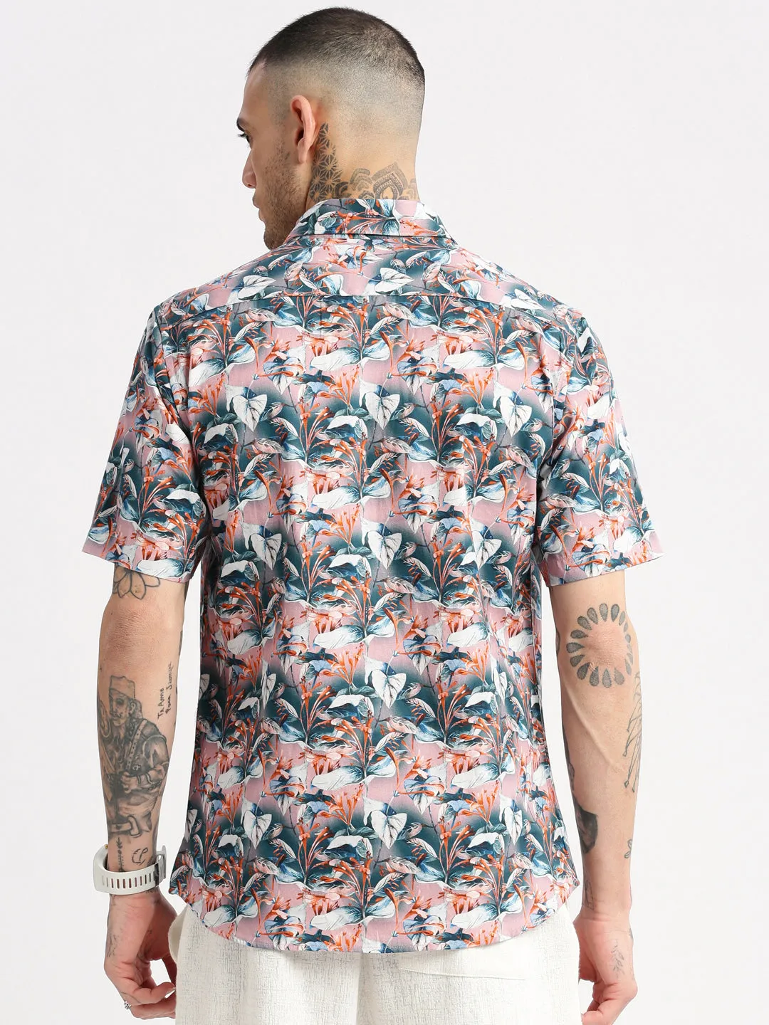 Men Teal Smart Slim Fit Floral Printed Twill Weave Cotton Casual Shirt