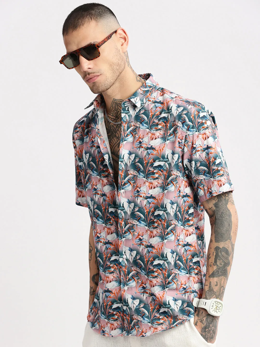 Men Teal Smart Slim Fit Floral Printed Twill Weave Cotton Casual Shirt