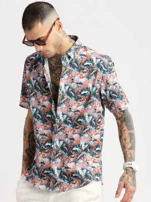 Men Teal Smart Slim Fit Floral Printed Twill Weave Cotton Casual Shirt