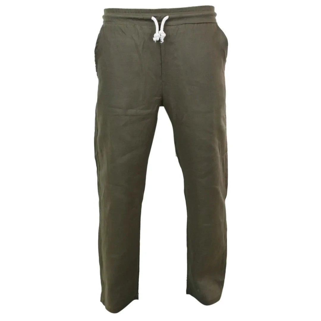 Men's Pure Linen Trousers Elasticated Waist Summer Beach Holiday Slacks