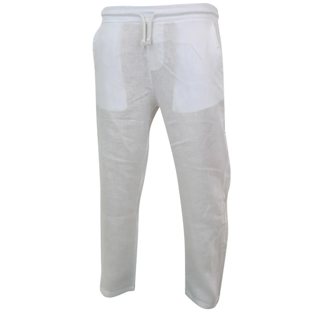 Men's Pure Linen Trousers Elasticated Waist Summer Beach Holiday Slacks