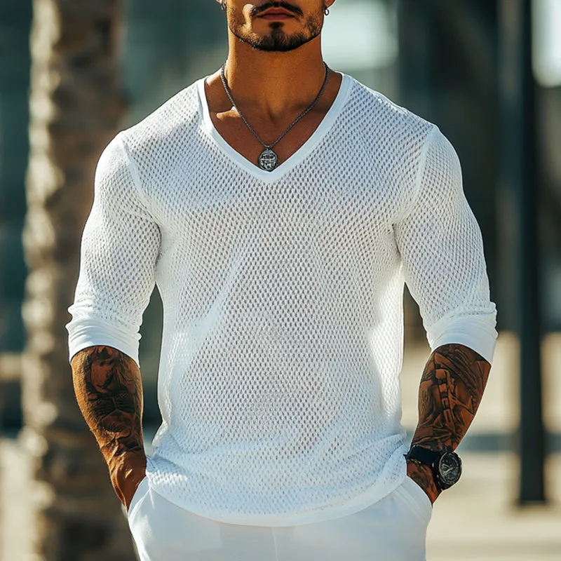 Men's V-neck Mesh Breathable Knitted Long-sleeved T-shirt 98197090U