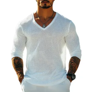 Men's V-neck Mesh Breathable Knitted Long-sleeved T-shirt 98197090U