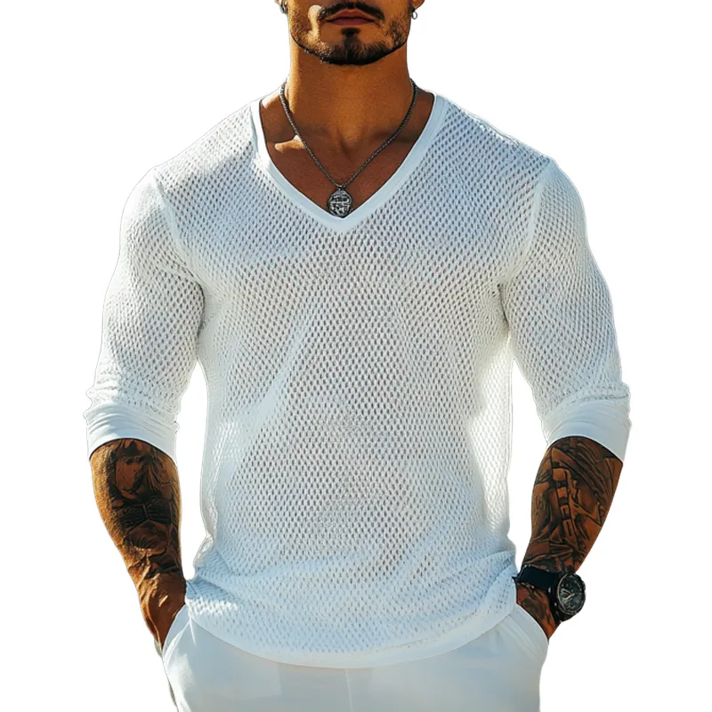 Men's V-neck Mesh Breathable Knitted Long-sleeved T-shirt 98197090U