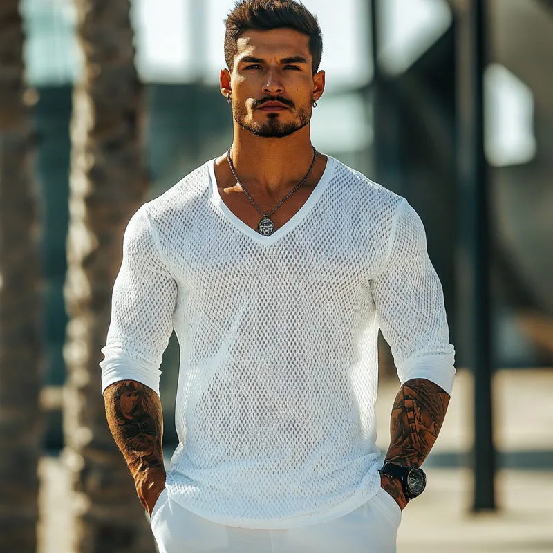 Men's V-neck Mesh Breathable Knitted Long-sleeved T-shirt 98197090U