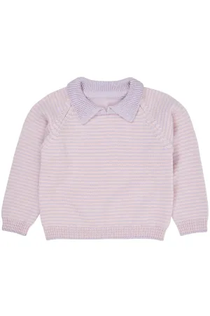 MERINO STRIPED BLOUSE W. COLLAR - LAVENDER/SOFT PINK STRIPE