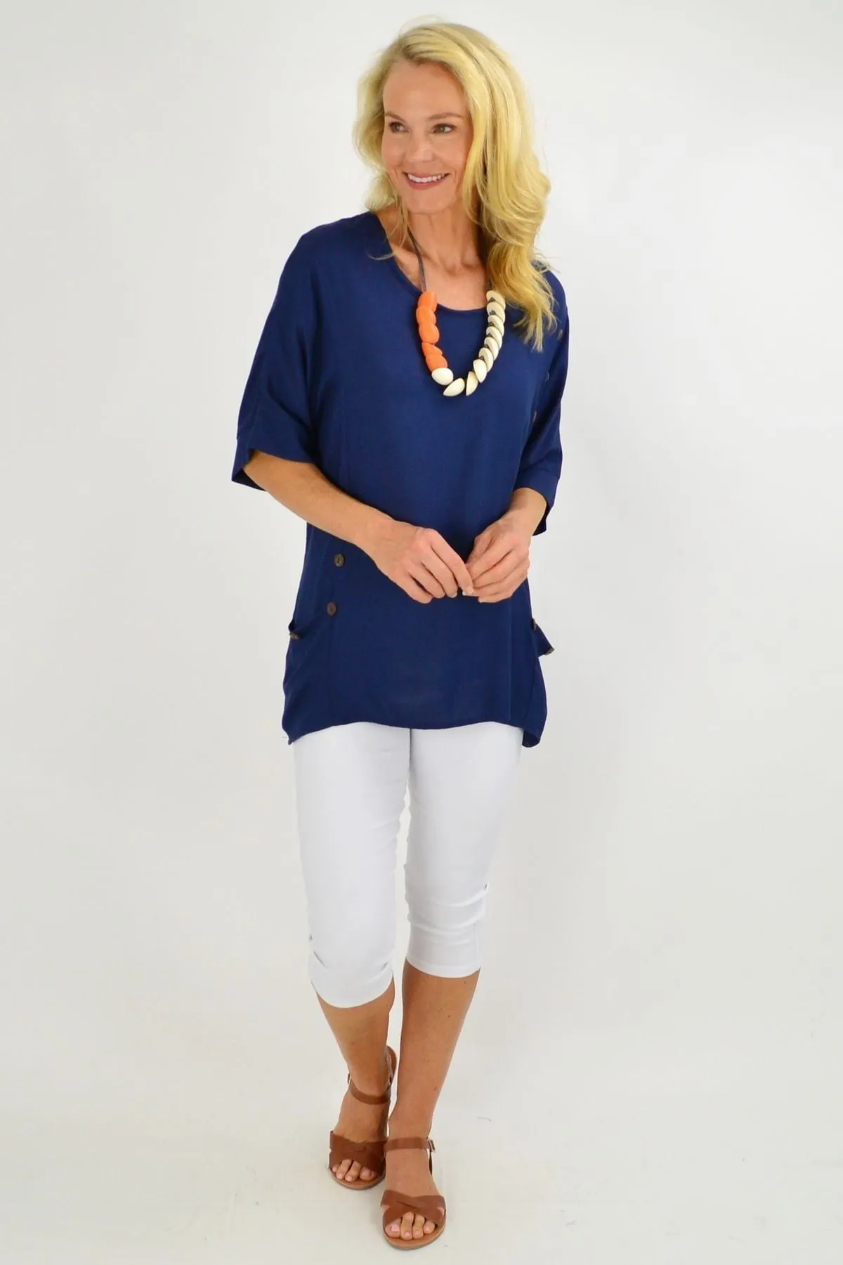 Navy Blue Coconut Button Sloping Sleeve Tunic Top