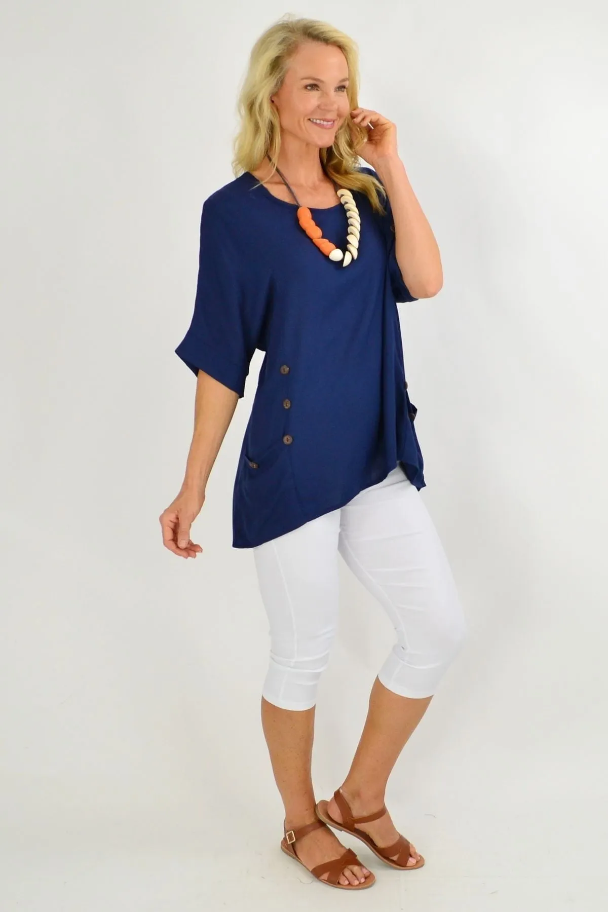 Navy Blue Coconut Button Sloping Sleeve Tunic Top
