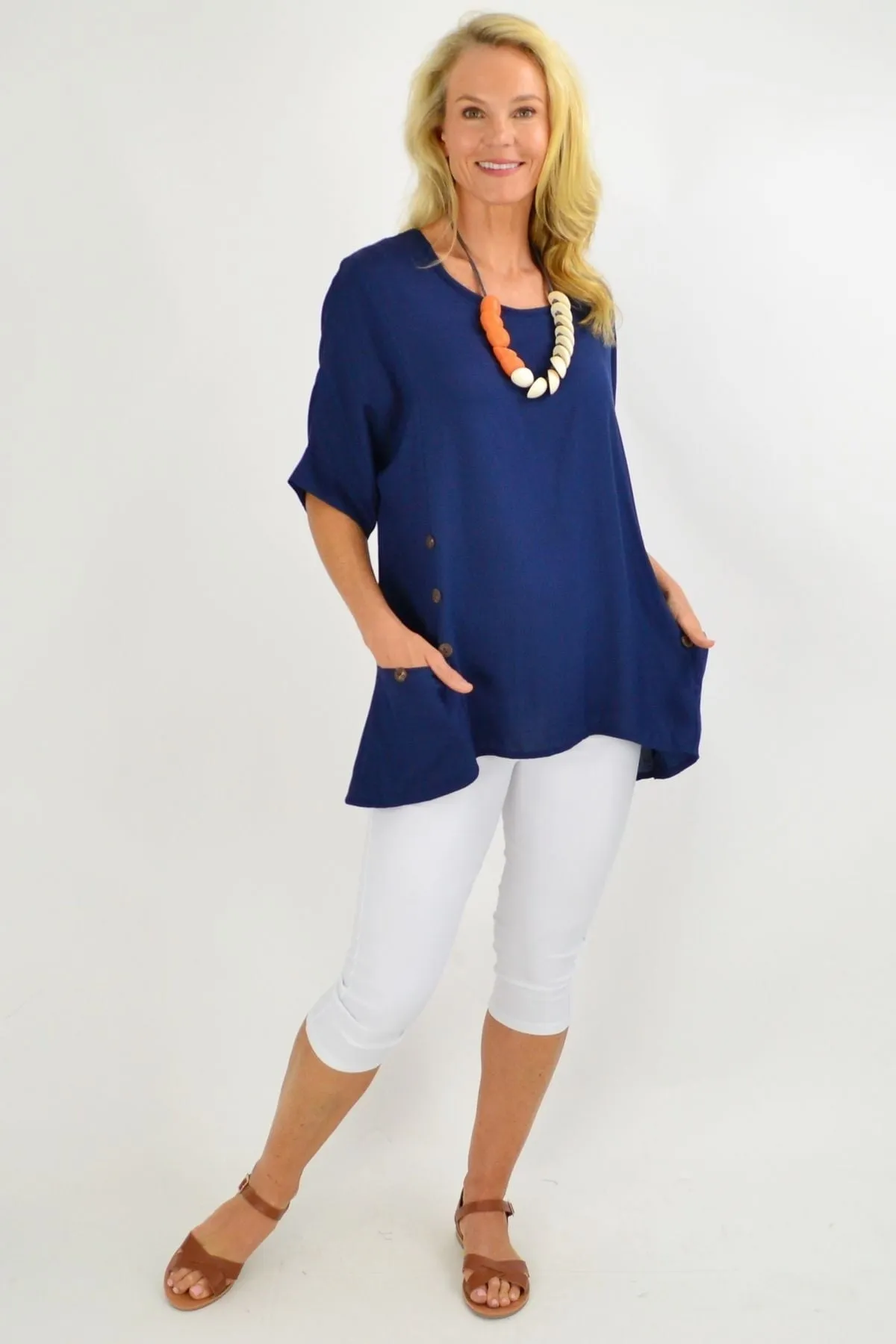 Navy Blue Coconut Button Sloping Sleeve Tunic Top