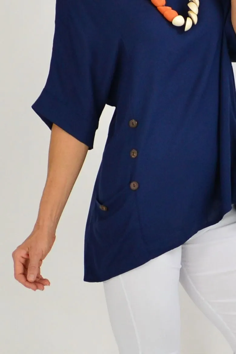 Navy Blue Coconut Button Sloping Sleeve Tunic Top