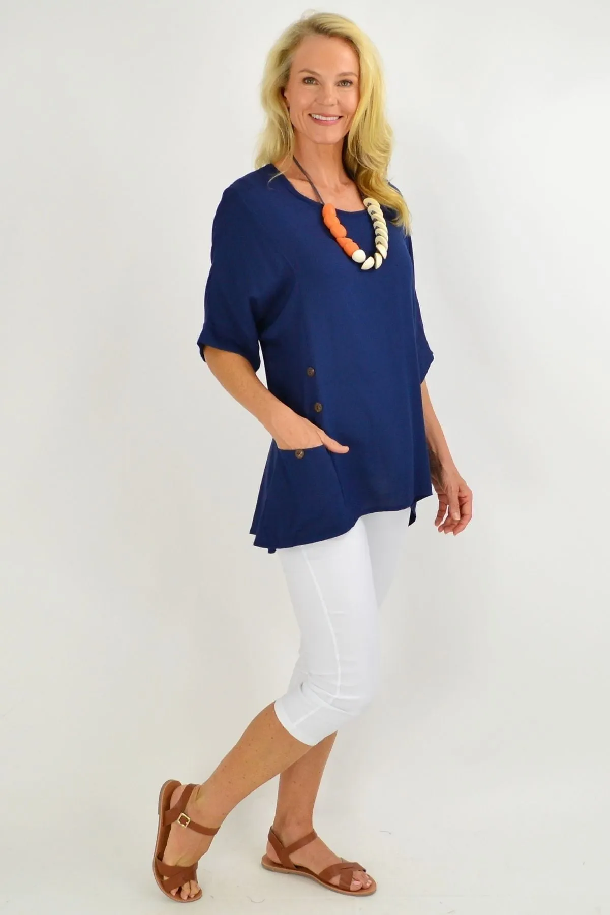 Navy Blue Coconut Button Sloping Sleeve Tunic Top