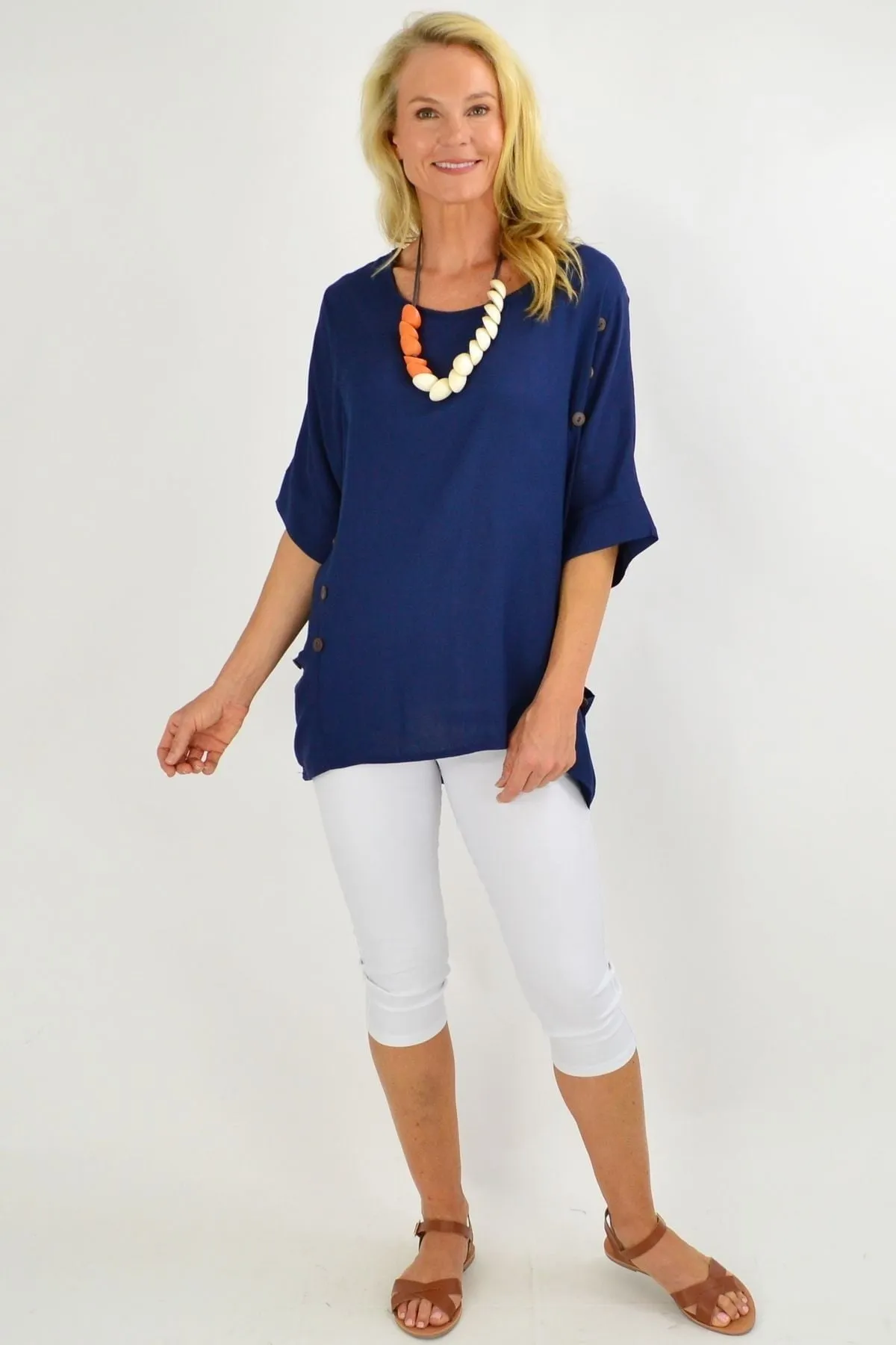 Navy Blue Coconut Button Sloping Sleeve Tunic Top