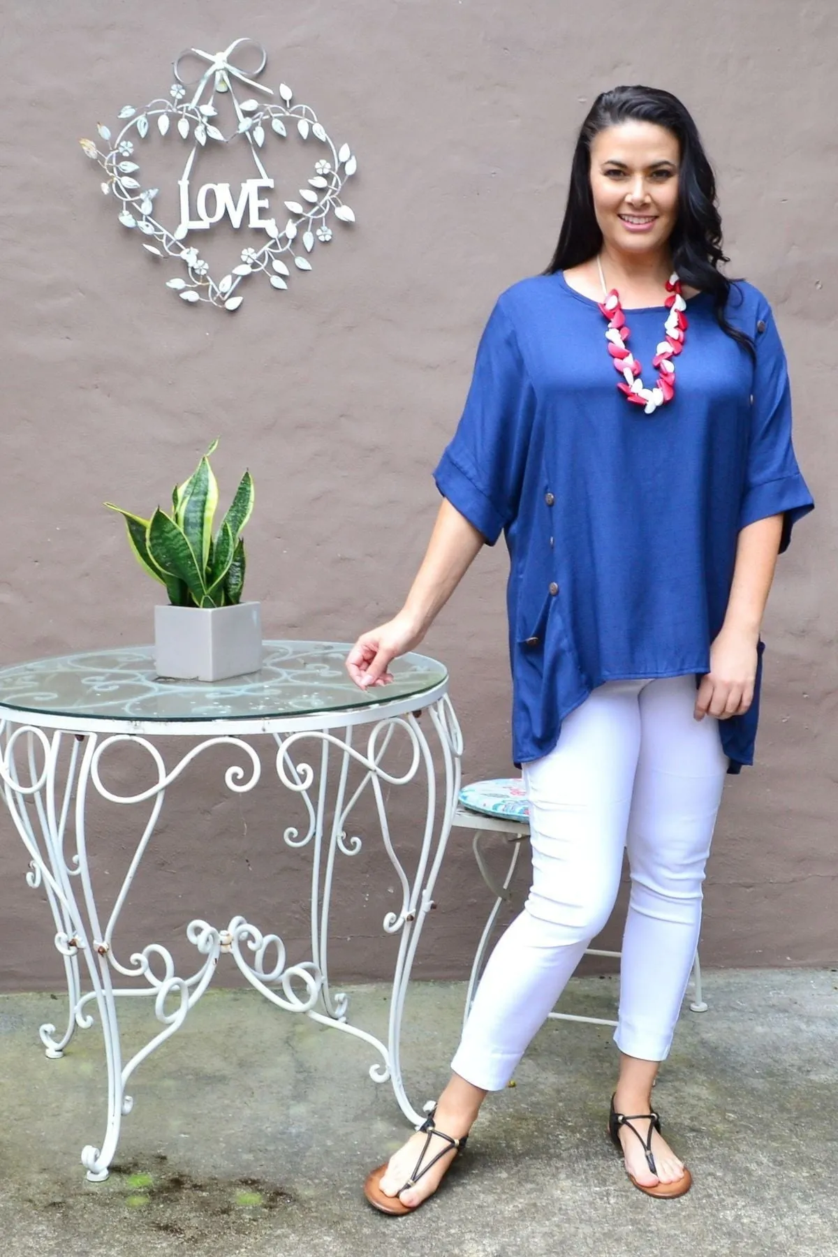 Navy Blue Coconut Button Sloping Sleeve Tunic Top