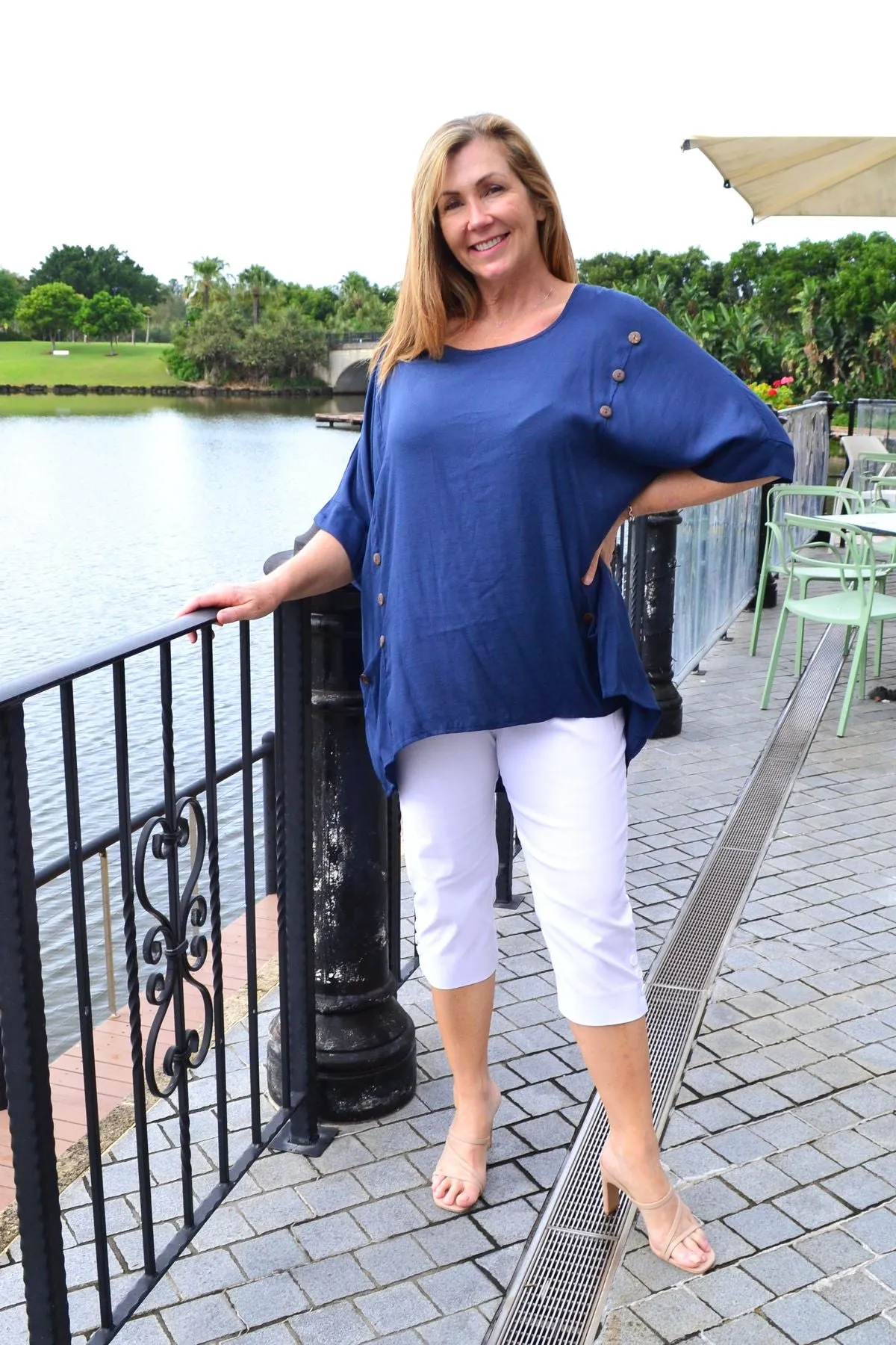Navy Blue Coconut Button Sloping Sleeve Tunic Top