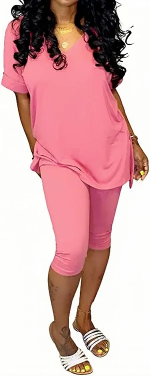 Ophestin Womens Casual Solid 2 Piece Outfits Jumpsuits V Neck T Shirt Top Bodycon Fifth Capri Pants Set