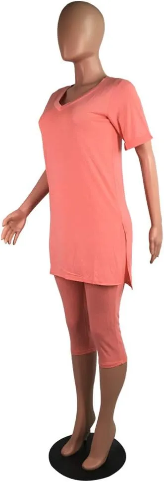 Ophestin Womens Casual Solid 2 Piece Outfits Jumpsuits V Neck T Shirt Top Bodycon Fifth Capri Pants Set