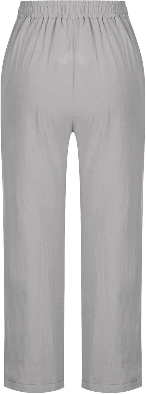 Oplxuo Womens Casual Cotton Linen High Waist Pants Drawstring Loose Fit Summer Pants Trousers with Side Pockets