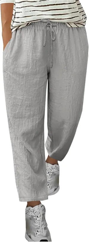 Oplxuo Womens Casual Cotton Linen High Waist Pants Drawstring Loose Fit Summer Pants Trousers with Side Pockets