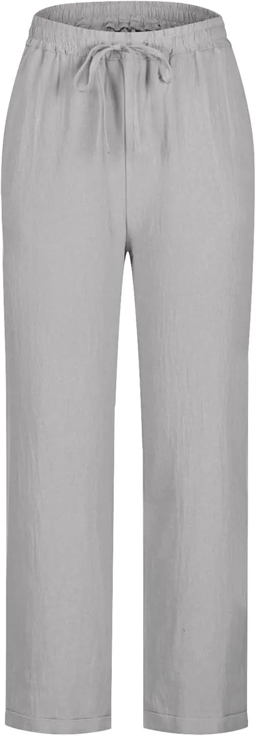 Oplxuo Womens Casual Cotton Linen High Waist Pants Drawstring Loose Fit Summer Pants Trousers with Side Pockets