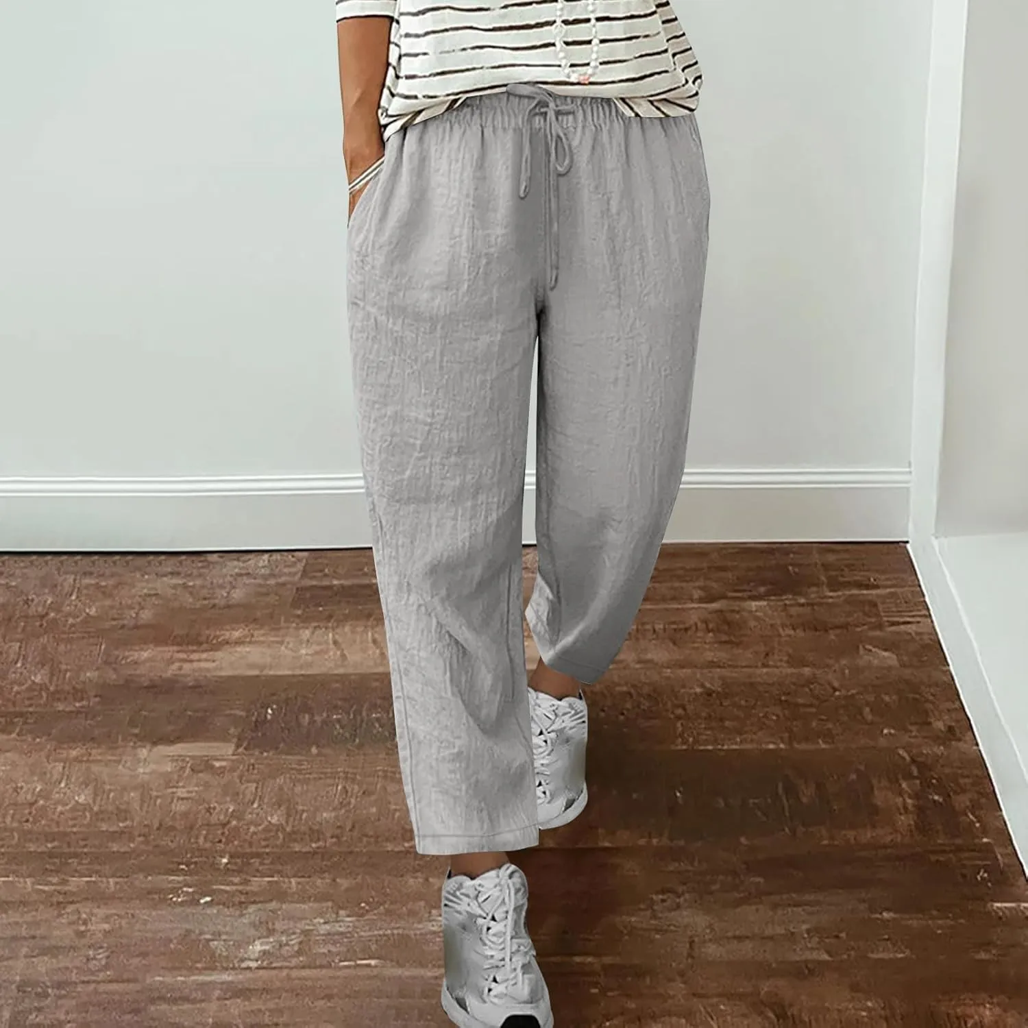 Oplxuo Womens Casual Cotton Linen High Waist Pants Drawstring Loose Fit Summer Pants Trousers with Side Pockets